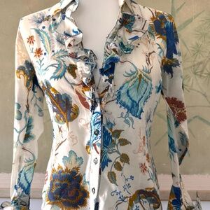 Ruffle front Print White cotton blouse